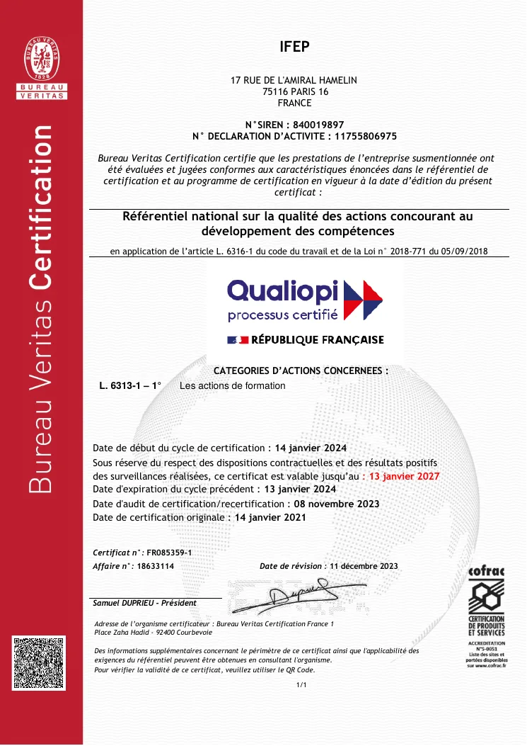 Certificat Qualiopi de l'IFEP, Bureau Veritas, n° FR085359-1
